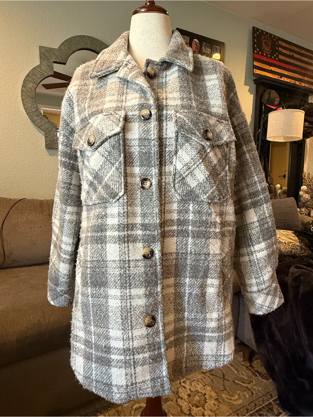 Lush Gray and Winter White Plaid Shacket Coat